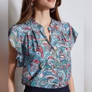 NWT Tahari Paisley Flutter Sleeve Shirt Size XS